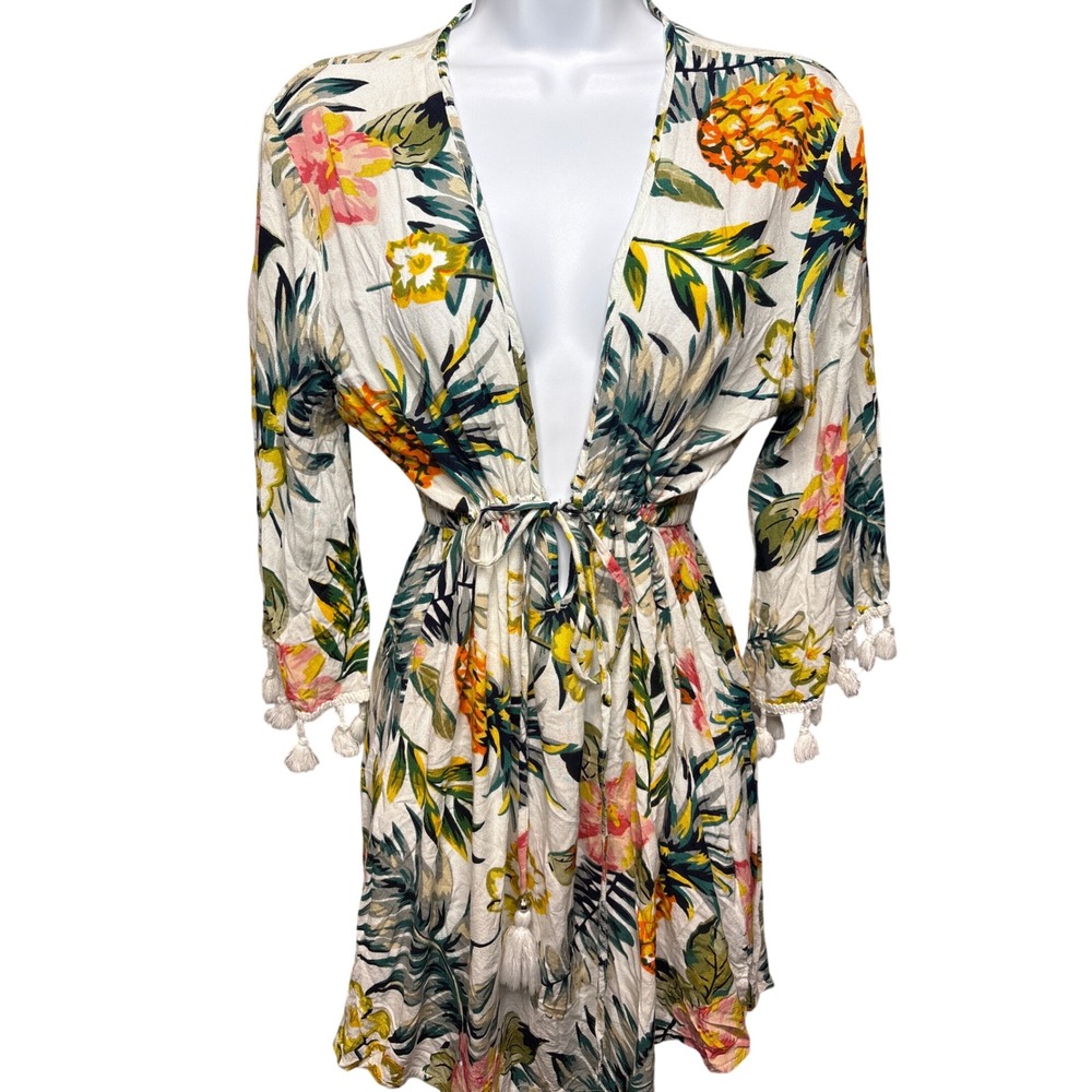 BLUE ISLAND White Tropical Floral Swim Cover Up M Tassel Trim Beachwear Festival